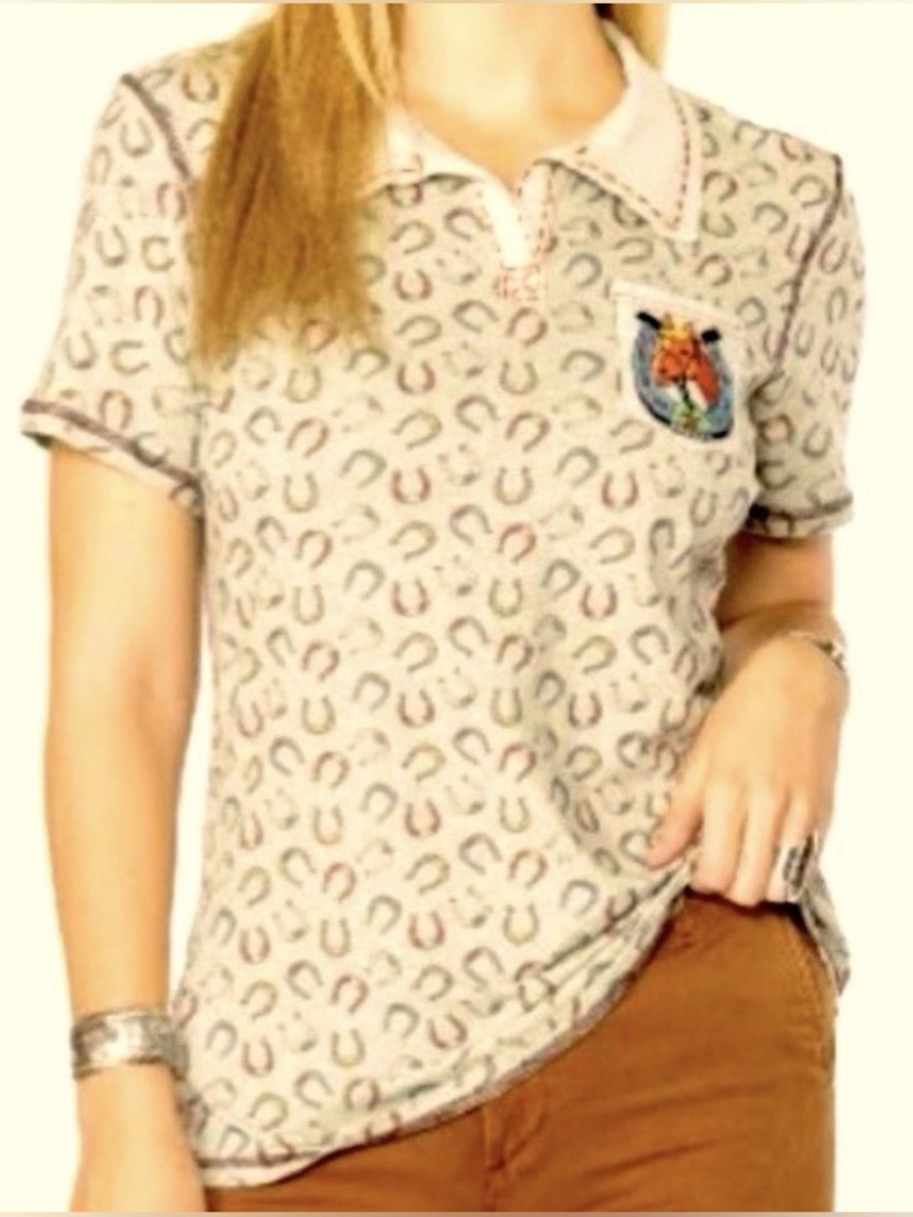 Double D Ranch XL Horseshoe Print Beaded Horse Western Polo Shirt - Picture 2 of 8